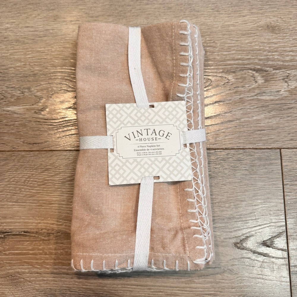 Vintage House 4 Piece Napkin Set Dark Beige Embroidered‎ Hem 18x18 inches